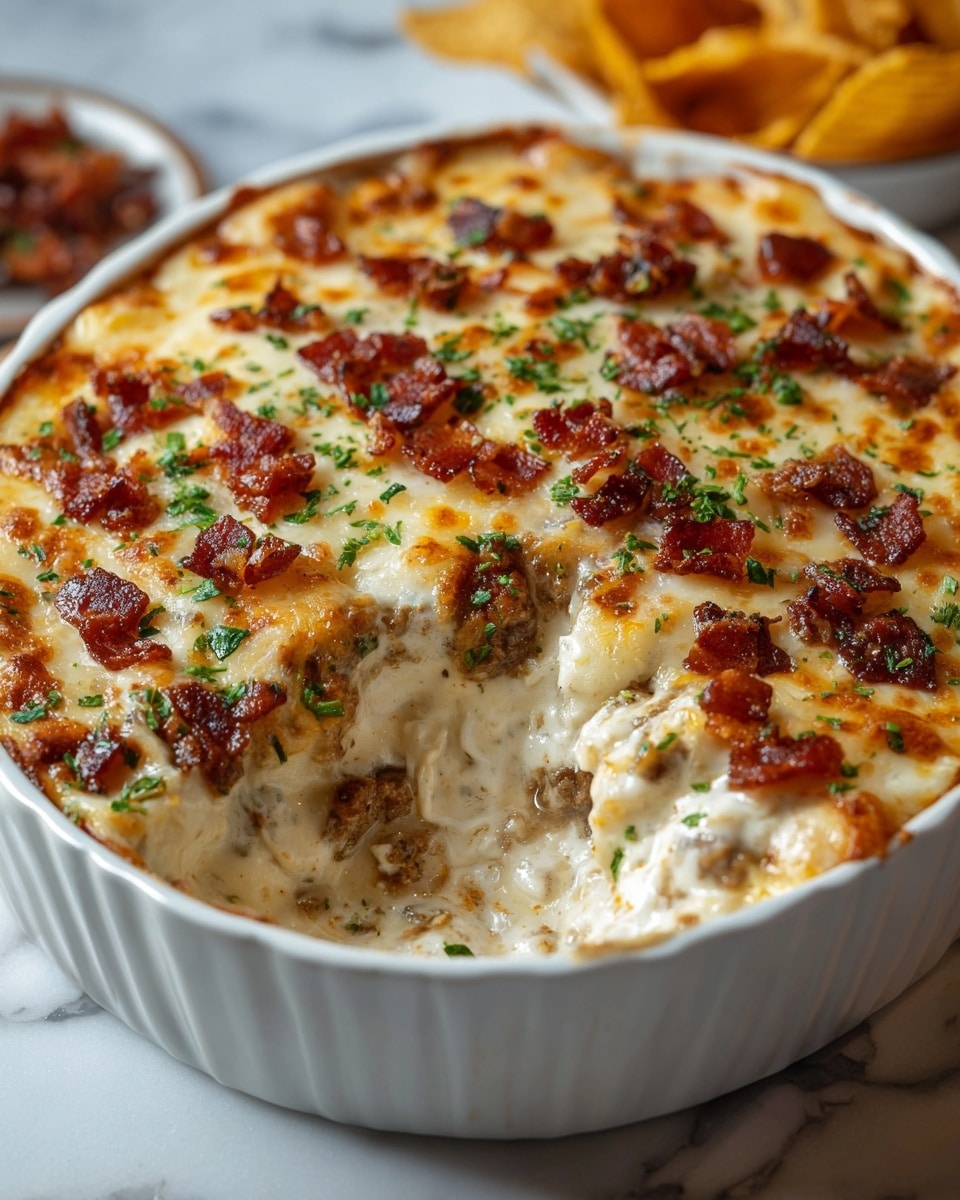 A white fluted baking dish filled with a creamy, cheesy casserole with a golden-brown top layer of melted cheese that is bubbly and slightly browned in spots. On top, scattered crispy reddish-brown bacon pieces and a sprinkle of chopped green herbs add color and texture. A scoop is missing from the front, revealing a rich creamy white sauce mixed with browned sausage chunks beneath the cheese layer. The dish sits on a white marbled surface with blurred chips in the background. photo taken with an iphone --ar 4:5 --v 7