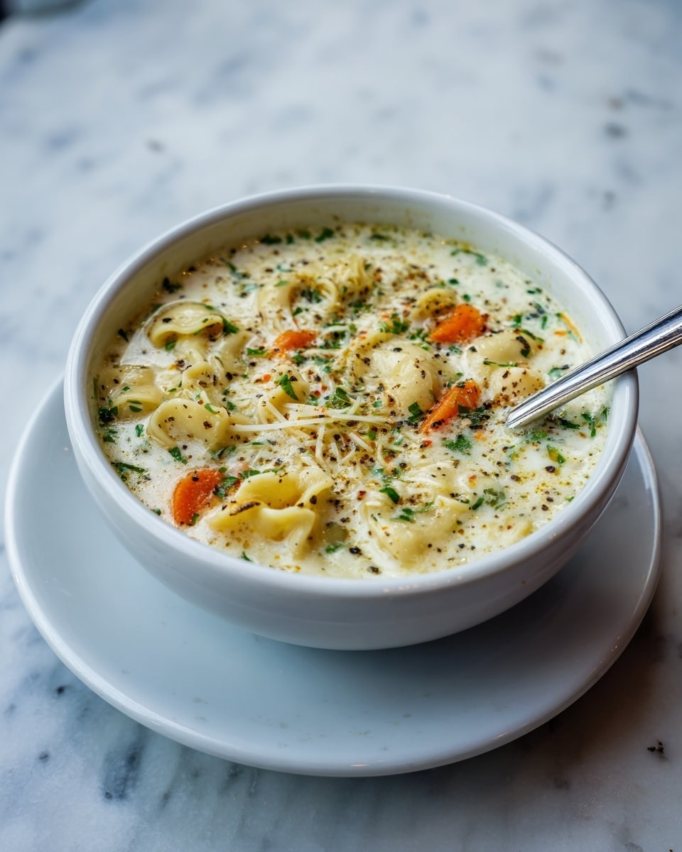 A creamy soup is served in a white bowl placed on a matching white saucer, both sitting on a white marbled surface. The soup has a thick white base with visible finely chopped herbs, small orange carrot slices, and pieces of pasta that are curly and light yellow. There is a sprinkle of shredded cheese on top of the soup, and the surface is lightly speckled with black pepper and green herbs. A spoon is resting inside the bowl, sticking out from the middle of the soup. Photo taken with an iphone --ar 4:5 --v 7