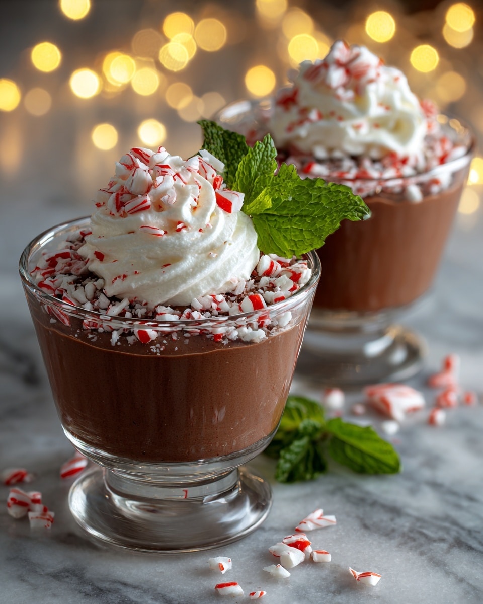 Two clear glass dessert cups each filled with one thick layer of smooth, dark brown chocolate mousse. On top of the mousse is a layer of finely crushed peppermint candy pieces, white with red stripes, adding a crunchy texture. Above this is a swirl of white whipped cream, topped with more crushed peppermint candy, creating a festive look. A fresh, bright green mint leaf with detailed veins sits on the whipped cream as a garnish. The glasses stand on a white marbled surface with some scattered peppermint pieces around them. In the background, blurred yellow-golden fairy lights add a warm, cozy glow. photo taken with an iphone --ar 4:5 --v 7
