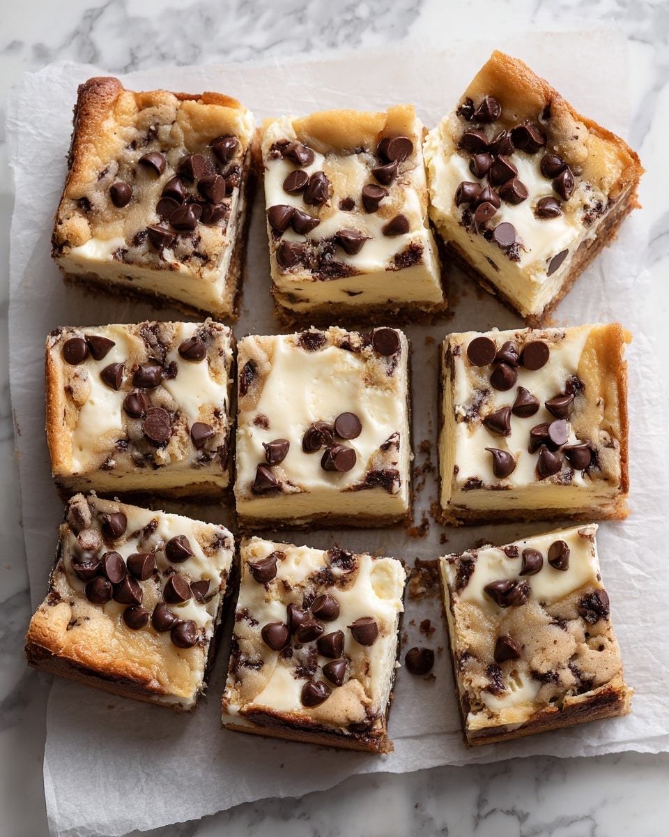 The image shows a square dessert, cut into nine equal pieces, on white baking paper that rests on a white marbled surface. It has two visible layers: a bottom layer with a golden-brown cookie texture spotted with dark chocolate chips, and a top layer of creamy, pale yellow cheesecake mixed unevenly with patches of the cookie dough. The edges have a slightly browned, crispy look, while chocolate chips are scattered across the whole top, blending into the cream and cookie layers. The dessert looks soft and slightly gooey on top with a firm base. Photo taken with an iphone --ar 4:5 --v 7