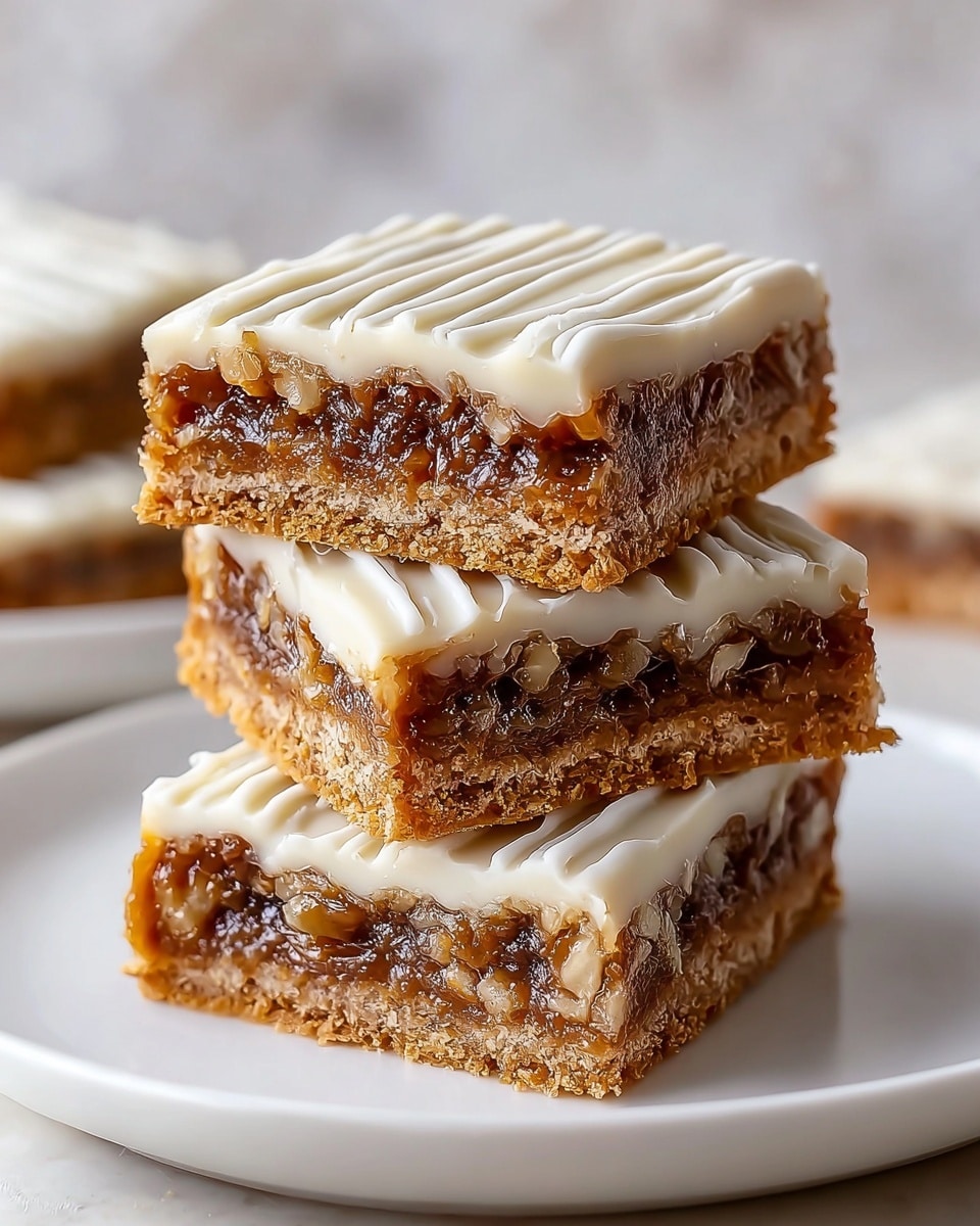 A stack of three square dessert bars sits on a white plate on a white marbled surface. Each bar has three visible layers: the bottom layer is a light brown crumbly crust with some small white pieces embedded; the middle layer is a dark brown, gooey filling with a shiny texture; the top layer is a smooth creamy white topping sprinkled with small pieces of pecans. The bars are neatly stacked, showing the detailed textures of each layer and the pecan pieces on the top. Photo taken with an iphone --ar 4:5 --v 7