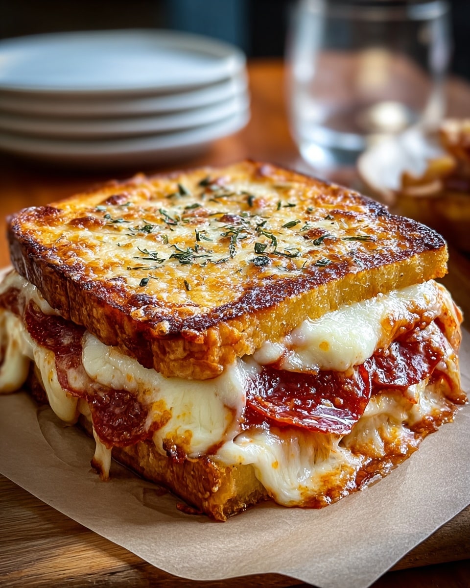 The image shows a rectangular pizza sandwich with two thick, golden brown toasted bread slices forming the top and bottom layers. Between the slices, there is a thick layer of melted white cheese stretching out with gooey texture, and layers of glossy red pepperoni slices peeking through. The top bread slice is covered with a bubbly, melted cheese layer sprinkled lightly with dried herbs, and has crispy browned edges. The sandwich rests on a white marbled surface. Photo taken with an iphone --ar 4:5 --v 7