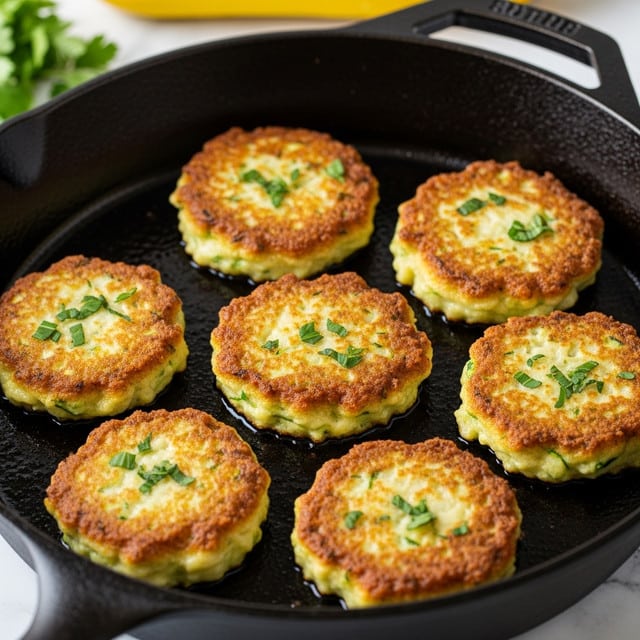 Seven golden brown, round zucchini fritters with bits of green zucchini visible are cooking in a black cast iron skillet. Each fritter has a slightly crispy texture with light browning and small green herb pieces sprinkled on top. The fritters are evenly spaced within the pan, which has a rough black surface and a handle partially visible. In the blurry background, a yellow squash and some green herbs can be seen on a white marbled surface. photo taken with an iphone --ar 4:5 --v 7