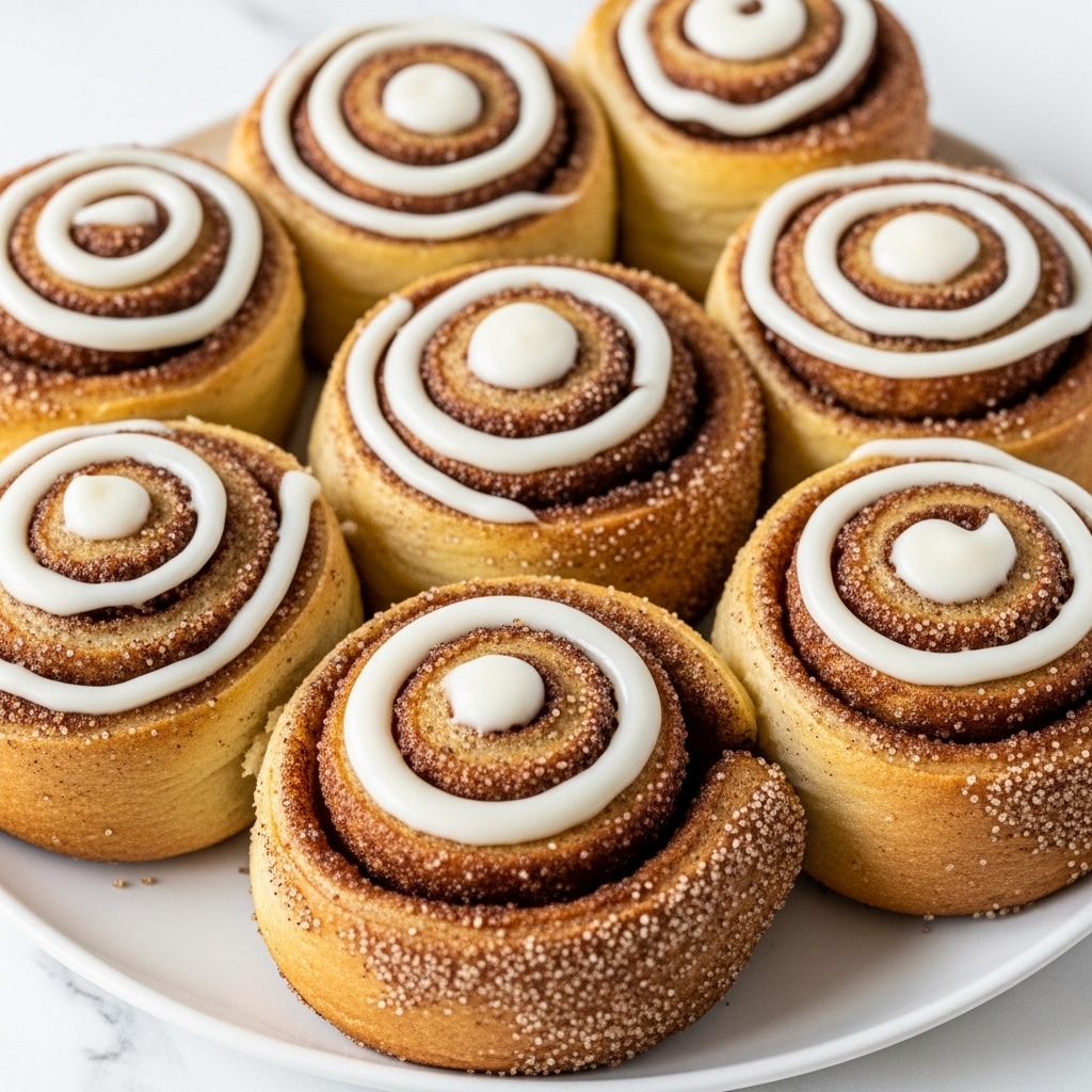 The image shows several cinnamon roll-like pastries arranged closely together on a white plate, each pastry having a spiral shape with visible layers. The outer layer is golden brown and coated with a grainy cinnamon sugar mixture, giving it a textured look. The inner layer is filled with smooth, creamy white icing that swirls through the middle and slightly oozes out at the edges. The white plate contrasts with the warm tones of the pastries, and the background has a white marbled texture, adding a clean and bright setting to the scene. photo taken with an iphone --ar 4:5 --v 7