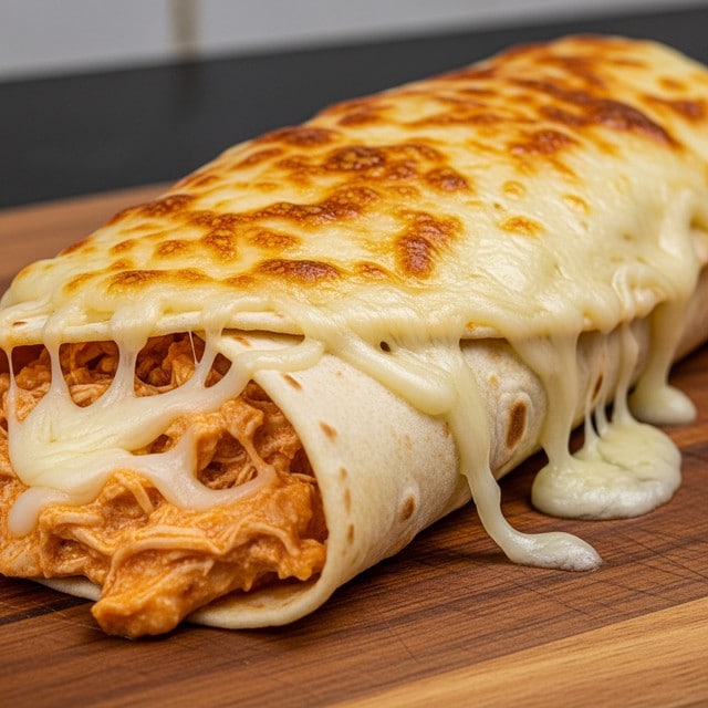 The image shows a close-up of a rolled dish cut into sections placed on a wooden board, with the focus on the front piece showing layers of shredded orange chicken filling inside a soft, light beige dough wrap. The top of each roll is covered with melted cheese that is golden brown and bubbly, creating a smooth, slightly crispy texture. The shredded chicken inside has a moist and tender texture, visible beneath the cheesy topping. The wooden board has some scattered bits of shredded chicken and light flour dust, adding a rustic touch. The background is slightly blurred, keeping attention on the gooey, cheesy rolls. Photo taken with an iphone --ar 4:5 --v 7