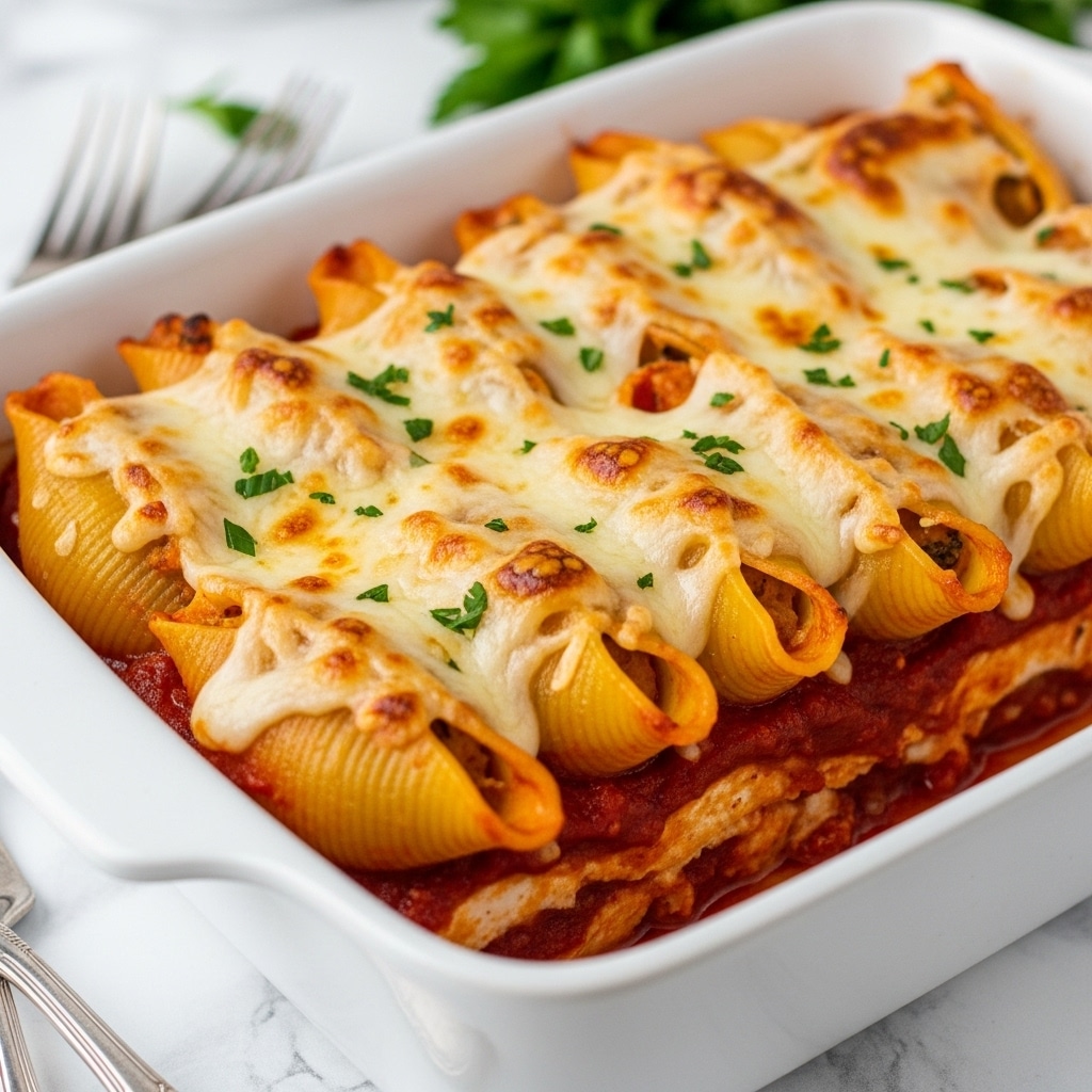 The dish is a baked stuffed pasta shells casserole layered in a white rectangular baking dish. The bottom layer is a rich red tomato sauce, topped with large pasta shells filled with creamy white cheese. These shells are covered by a thick layer of melted golden brown cheese with some crispy browned spots, sprinkled with fresh green herbs for garnish. The background features a white marbled surface with a slice of yellow and white cheese, silver forks, and a pink and white yogurt cup blurred in the back. Photo taken with an iphone --ar 4:5 --v 7