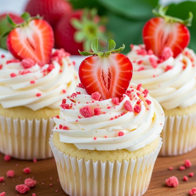 The image shows three cupcakes with a light yellow base wrapped in white paper liners. Each cupcake is topped with a thick swirl of creamy white frosting, sprinkled generously with small red and pink crumb pieces. On top of each frosting swirl sits a fresh, halved strawberry with its green stem still attached. The cupcakes are placed on a wooden surface, and the background is softly blurred with hints of red strawberries and green leaves visible. Photo taken with an iphone --ar 4:5 --v 7