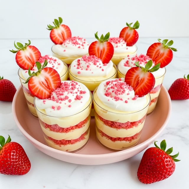 The image shows small clear cups filled with a layered dessert placed in a light pink bowl on a white marbled surface. Each cup has about four layers starting with a light yellow creamy base at the bottom, followed by a pink crumbly layer, then another layer of light yellow cream, and topped with a thick dollop of white whipped cream sprinkled with pink crumbs. Half of a fresh red strawberry with a green leafy top sits gently on the side of the whipped cream in each cup. There are whole strawberries placed around the bowl as decoration. photo taken with an iphone --ar 4:5 --v 7