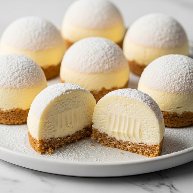 The image shows several dome-shaped creamy desserts arranged on a white plate with a white marbled surface underneath. Each dessert has three visible layers: a crumbly light brown base, a thick smooth pale yellow creamy middle layer, and a white outer coating dusted with powdered sugar that looks soft and slightly textured. Two of the domes are cut in half, showing the smooth texture inside and the contrast between the creamy middle and crumbly base. The lighting highlights the creamy and crumbly textures clearly, giving the sweets a fresh and delicate look. Photo taken with an iphone --ar 4:5 --v 7