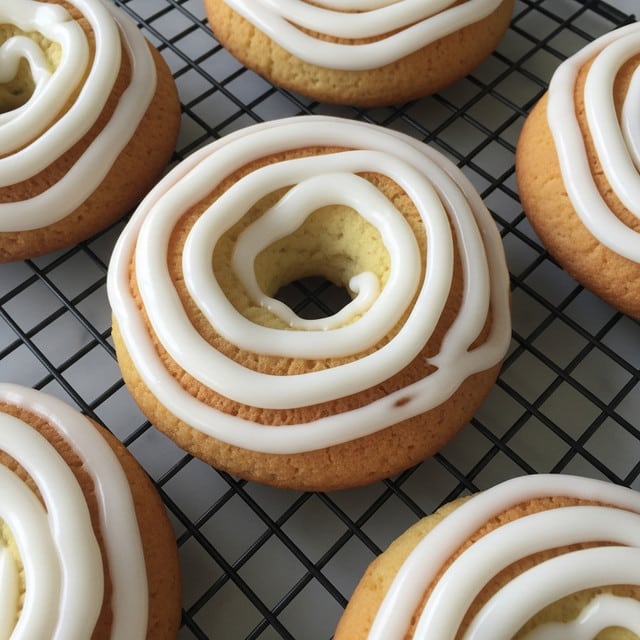 The image shows several round pastries with a hole in the center, placed on a black cooling rack over a white marbled surface. Each pastry has a golden brown base with a soft, slightly bumpy texture and is topped with a smooth, glossy white icing that is piped in thick ridges following the round shape. The icing appears shiny and slightly translucent in some areas. The arrangement places one pastry prominently in the center, with parts of others visible around it. photo taken with an iphone --ar 4:5 --v 7
