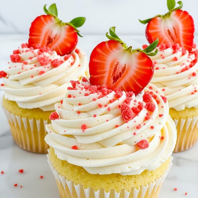 A close-up view of three cupcakes, each with a light yellow cake base in white cupcake liners. On top of the cake base is a thick layer of smooth white cream, swirled high in a spiral pattern. The cream is covered with small red and light pink crumbles all over, adding a rough texture. Each cupcake is crowned with a bright red strawberry sliced in half, showing its juicy inner texture and a green leafy top. The cupcakes are placed on a white marbled surface, giving a clean and fresh look. photo taken with an iphone --ar 4:5 --v 7