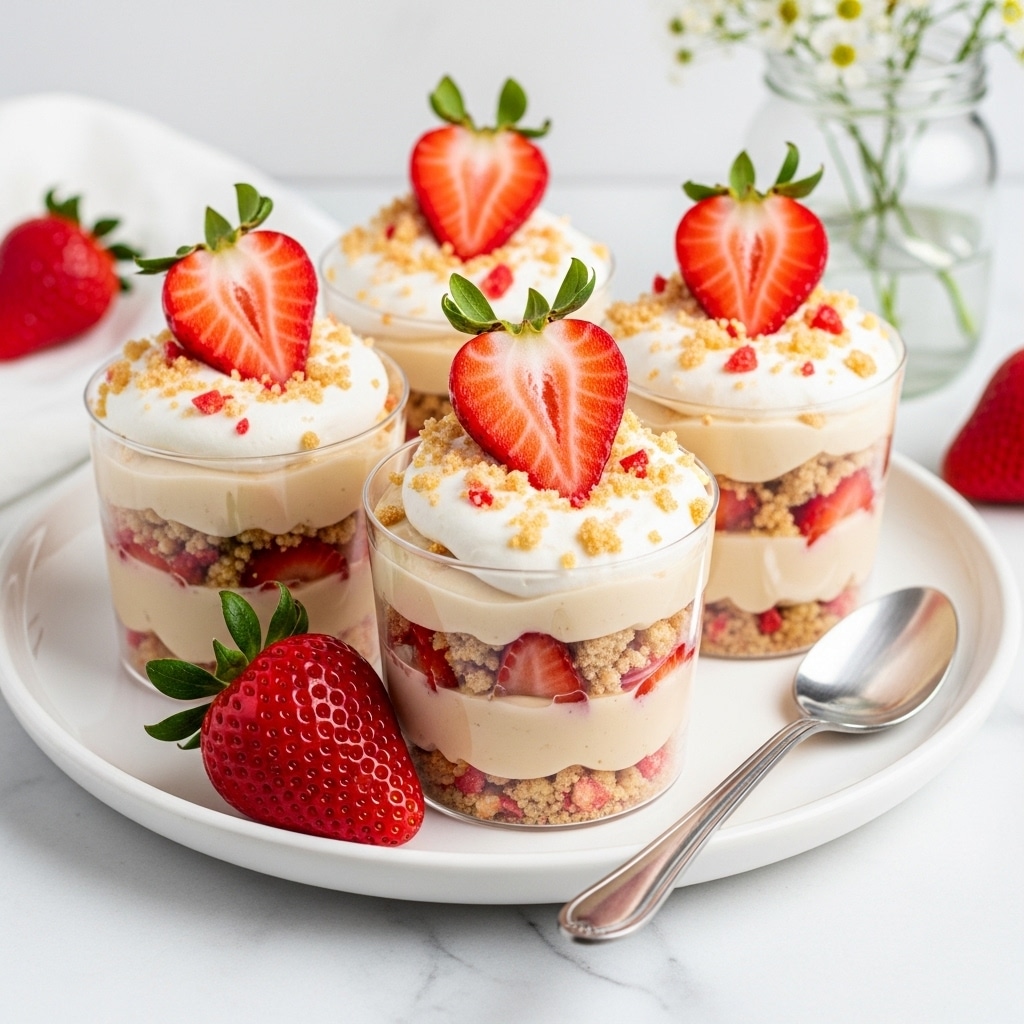 The image shows four small clear cups filled with a layered strawberry dessert placed inside a white plate. Each cup has three visible layers: the bottom layer is a light beige pudding with small red strawberry pieces, the middle layer is crumbly light brown and pink crumbs, and the top layer is white whipped cream sprinkled with more crumbs. On top of each cup, there is a bright red halved strawberry with green leaves. A whole strawberry sits at the base of one cup. The setting includes a silver spoon and a glass jar with small white flowers, all against a white marbled surface. Photo taken with an iphone --ar 4:5 --v 7