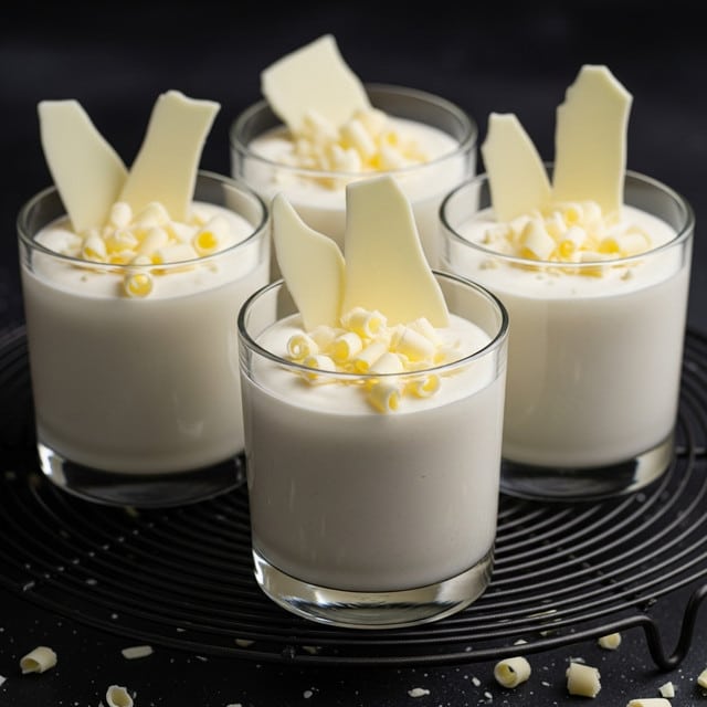 Four clear glass cups each hold a smooth, creamy white mousse filling the glasses nearly to the top. On the surface of each mousse, there is a sprinkle of white chocolate curls and three larger irregular white chocolate shards standing upright, adding texture and height. The glasses sit close together on a round black cooling rack against a dark background, with a few white chocolate shavings scattered on the surface below. The image is bright and crisp, focusing on the soft, rich texture of the mousse and the shiny, solid chocolate details. photo taken with an iphone --ar 4:5 --v 7