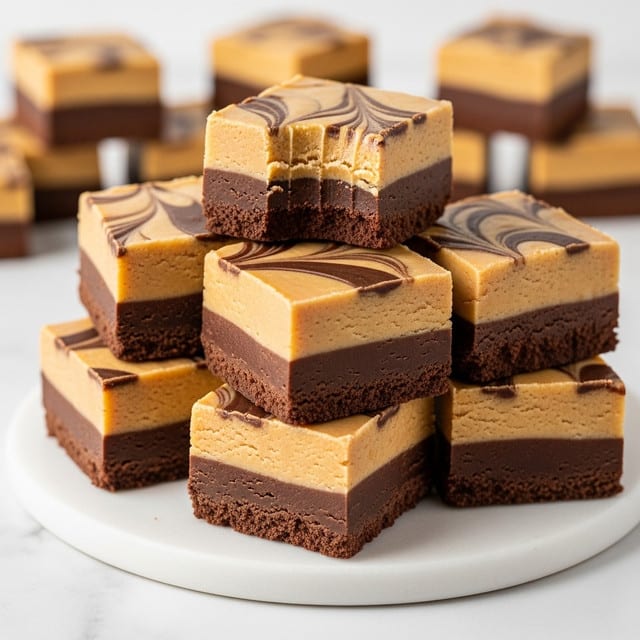 A stack of square fudge pieces arranged on a white round plate on a white marbled surface, each piece has two distinct layers with a thick bottom layer of rich, dark brown chocolate fudge and a smooth top layer of light caramel-colored fudge, the top layer has darker swirled patterns adding texture, the fudge pieces are neatly cut with sharp edges, one piece near the top has a visible bite taken out, showing the dense, soft inside, the background shows more fudge pieces slightly out of focus, photo taken with an iphone --ar 4:5 --v 7