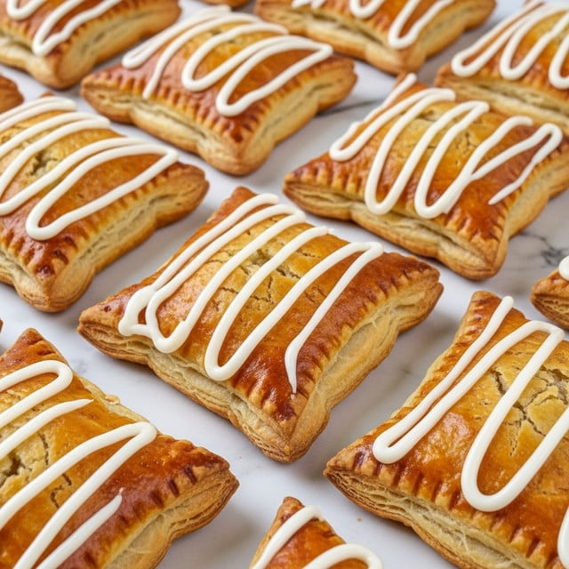 The image shows a stack of three golden brown puff pastries on a white marbled surface covered with a piece of parchment paper. Each pastry is square-shaped with crimped edges and is decorated with wavy white icing on top. The top pastry is cut in half, revealing three layers inside: the flaky golden crust on top and bottom, and a dark brown filling in the middle with white icing layers above and below the filling. In the background, there is a white bowl with brown sugar and a white piping bag lying beside it. Two sticks of cinnamon rest on the right side behind the stack. The photo taken with an iphone --ar 4:5 --v 7