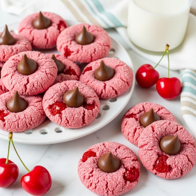 The image shows a group of pink cookies with visible red cherry pieces inside, each topped with a smooth, dark brown chocolate kiss placed in the center. The cookies have a rough, slightly crumbly texture with a sugar coating that sparkles in the light. Some cookies are arranged closely together on a white plate with holes around the edge, while a few are scattered beside the plate on a white marbled surface. Bright red cherries with stems add pops of vibrant color around the cookies. A clear glass filled with white milk and a white cloth with light blue and beige stripes are partially visible in the background. photo taken with an iphone --ar 4:5 --v 7