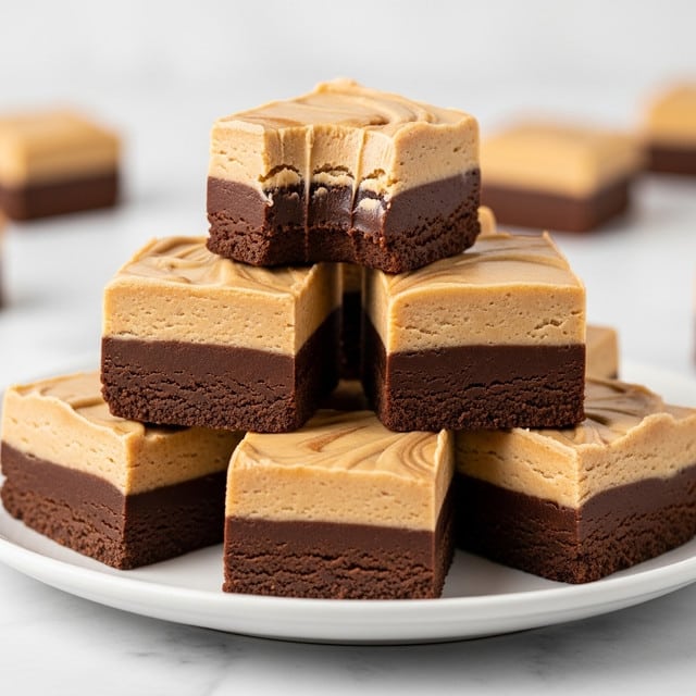 The image shows a stack of small square fudge pieces on a white plate, each piece having two layers. The bottom layer is thick, dark brown, and smooth with a dense texture, while the top layer is lighter brown, creamy, and slightly swirled over the darker base. One piece near the top has a bite taken out, revealing the rich, moist interior. The white plate rests on a white marbled surface, and the background is softly blurred to keep focus on the fudge. photo taken with an iphone --ar 4:5 --v 7
