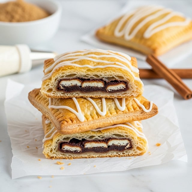 This image shows several square, golden-brown pastries with a flaky, shiny crust arranged closely on a white marbled surface. Each pastry is topped with thick, white curved lines of creamy icing that zigzag across the top in a decorative pattern. The pastries have a puffy texture with slightly crimped edges, showing layers of cooked dough that is light and crispy. Some pastries are slightly out of focus in the back, emphasizing the front ones, creating a sense of depth in the image. photo taken with an iphone --ar 4:5 --v 7