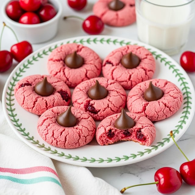 The image shows a plate with several pink cookies, each topped with a single, smooth, dark chocolate kiss in the center. The cookies have a slightly cracked texture and are studded with small red bits inside. One cookie is partially bitten, revealing a soft, crumbly interior with red pieces. The cookies are arranged on a white plate with a green decorative edge, placed on a white marbled surface. Around the plate are several bright red cherries, some loose and some in a small white container in the background. A glass of milk is seen in the upper right corner, and a white cloth with pink and teal stripes is in the bottom left. photo taken with an iphone --ar 4:5 --v 7