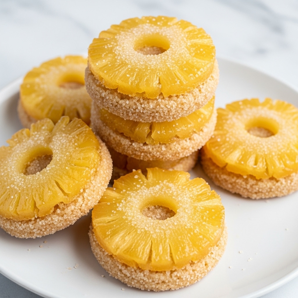 The image shows a stack of five round pineapple cookies on a white plate with a white marbled texture in the background. Each cookie has two layers: the bottom layer is a golden-yellow, sugar-coated cookie with a crumbly texture, and the top layer is a thin, translucent slice of pineapple with visible segments radiating from the center. The pineapple slices have a glossy look and a light yellow color with a dusting of sugar on top. The cookies are stacked neatly, with the pineapple slices clearly visible on the top and the bottom cookie. photo taken with an iphone --ar 4:5 --v 7