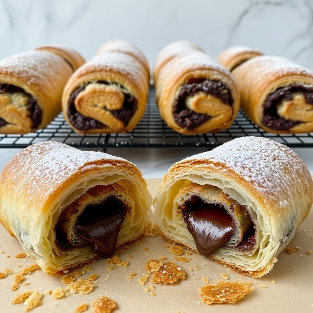 The image shows several small, golden-brown pastries with a layered, flaky texture, each filled with dark chocolate chips peeking out from the ends. The pastries are dusted with a fine layer of white powdered sugar. Two pastries are stacked in the foreground on crinkled parchment paper, surrounded by scattered chocolate chips. Behind them, more pastries sit on a black cooling rack. To the right, there is a clean white bowl filled with dark chocolate chips. The whole scene is set on a white marbled textured surface. photo taken with an iphone --ar 4:5 --v 7