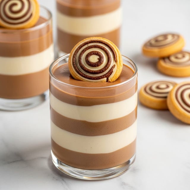 The image shows four clear glass cups filled with three-layered mousse desserts. Each dessert has a bottom layer of light brown mousse, a middle layer of creamy white mousse, and a top layer of darker brown mousse. On the very top of each mousse is a small, detailed seahorse-shaped chocolate decoration with swirls and a mix of golden brown and cream colors. The cups are placed on a white marbled surface with a few extra seahorse chocolates scattered around them. The light softly highlights the smooth textures and the glossy finish of the mousse. photo taken with an iphone --ar 4:5 --v 7