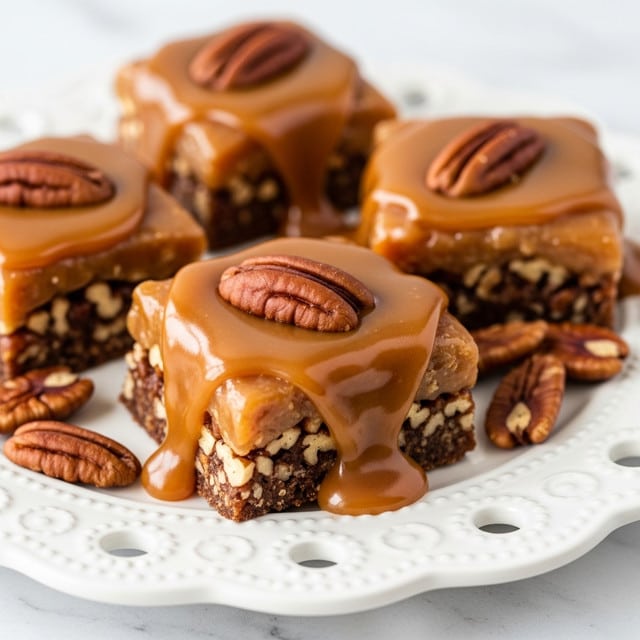 The image shows several small square pieces of chocolate toffee topped with a smooth layer of caramel, shiny and light brown in color. Each square is crowned with a single pecan half, deep reddish-brown and textured with ridges. The base layer appears rich and dark with bits of pecan mixed inside, creating a rough texture beneath the caramel. These squares are placed on a white plate with a scalloped edge, set on a white marbled surface. The focus is on the front pieces with soft lighting that highlights the gloss on the caramel and the texture of the pecans. photo taken with an iphone --ar 4:5 --v 7