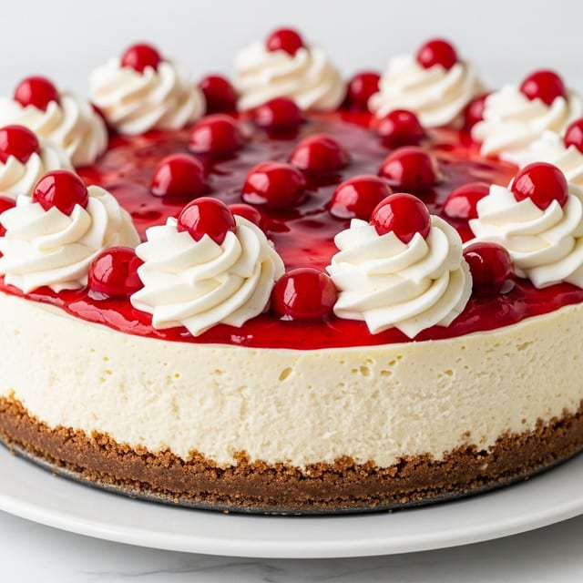 A close-up view of a cheesecake with three layers: the bottom layer is a thick, crumbly brown crust, the middle layer is a smooth, creamy off-white cheese filling with small holes, and the top layer is a shiny red cherry topping with whole cherries and jelly, spread evenly. Around the edge of the cherry layer, there are large swirls of white whipped cream with dollops of cherry topping on each swirl. The cheesecake sits on a white plate on a white marbled surface. photo taken with an iphone --ar 4:5 --v 7