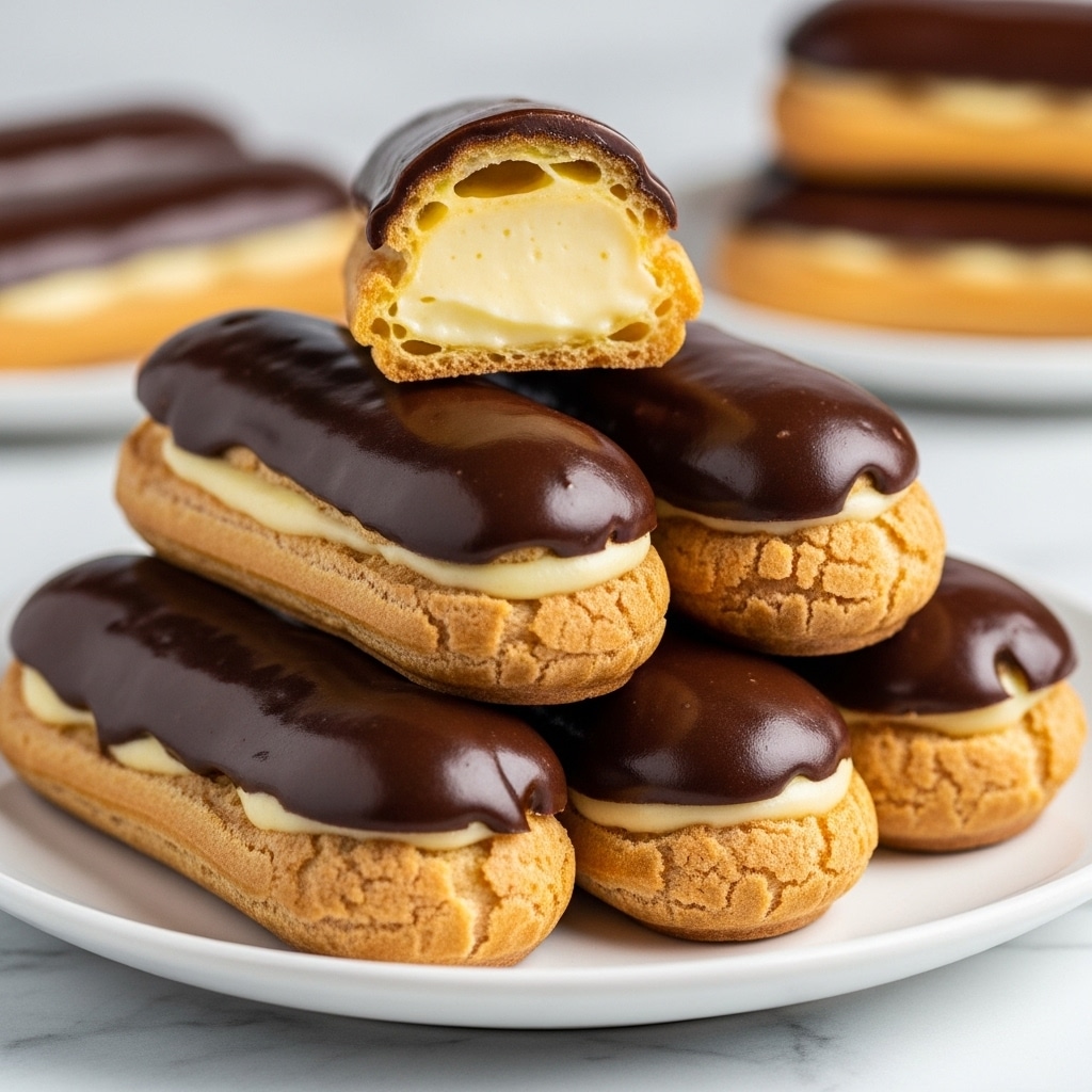 A close-up view of a stack of six éclairs arranged on a white plate, each éclair has three layers: a light golden brown choux pastry base with a slightly rough texture, a thick and smooth dark chocolate glaze covering the entire top, and one éclair on the top of the pile is cut in half showing a creamy, pale yellow custard filling inside. The plate sits on a white marbled surface with a blurred background showing more éclairs. photo taken with an iphone --ar 4:5 --v 7