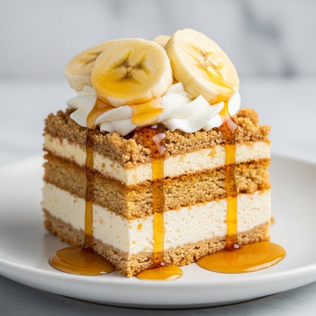 A close-up of a dessert on a white plate set on a white marbled surface, showing three main layers: the bottom layer is a creamy, pale beige pudding-like base; the middle layer is a crumbly, golden-brown cake texture; and the top layer is thick, chunky brown crumb topping. On top sit several light yellow banana slices, some stacked and others leaning, with glossy golden syrup drizzled over them and running down the sides onto the plate. A small swirl of white whipped cream sits at the highest point, crowned by more syrup. The background is softly blurred, emphasizing the dessert in warm light. photo taken with an iphone --ar 4:5 --v 7