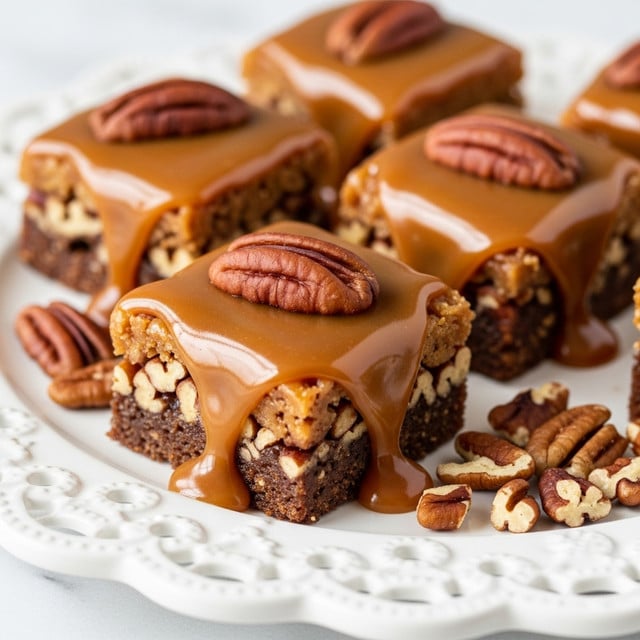 A close-up view of square pecan pralines, each with a thick, smooth caramel layer dripping over a base made of chopped pecans, topped with a single whole pecan in the center. The caramel is shiny and golden brown, covering the praline sides and slightly melting onto the white plate below. The white plate has a delicate decorative edge with a scalloped pattern, and some chopped pecans are scattered loosely on the plate next to the pralines. The background is a white marbled texture, softly blurred to keep focus on the glossy texture of the caramel and the rich brown color of the pecans. Photo taken with an iphone --ar 4:5 --v 7