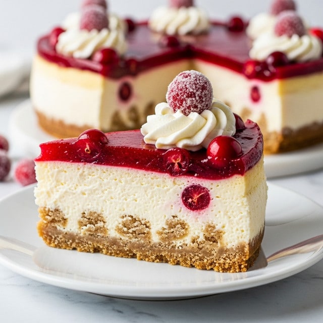 The image shows a close-up of a slice of cheesecake with three main layers resting on a white plate set on a white marbled surface. The bottom layer is a thick, crumbly golden-brown crust. The middle layer is a thick, creamy off-white cheesecake with bits of crust mixed inside. The top layer is a glossy, bright red cranberry topping with whole cranberries visible. On top of the cranberry layer, there is a small swirl of white whipped cream, crowned with a sugar-coated cranberry. In the background, a full cheesecake with the same layers and decorations is slightly out of focus. Photo taken with an iphone --ar 4:5 --v 7