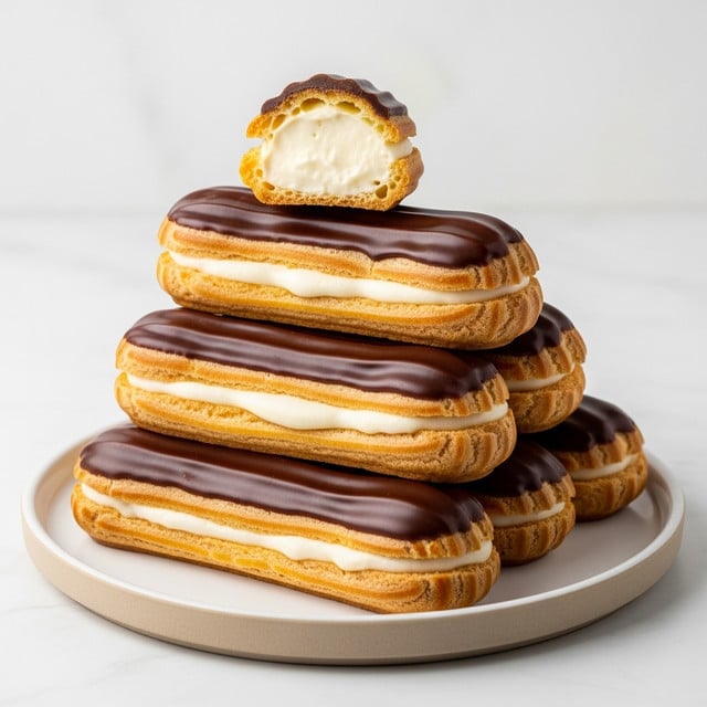 A stack of six éclairs sits on a round white plate with a beige rim, placed on a white marbled surface. Each éclair has a golden-brown, slightly textured pastry base, filled with creamy white custard that is visible in the éclair on top, which is cut open. The top layer of each éclair is covered with smooth, shiny dark chocolate glaze, evenly spread with slight natural wrinkles. The éclair at the top is balanced horizontally, revealing the creamy filling inside photo taken with an iphone --ar 4:5 --v 7