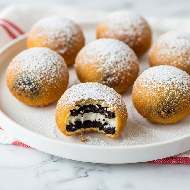 The image shows six small round fried treats arranged on a white plate with powdered sugar dusted on top and around them. Each treat has a golden brown crispy outer layer with a soft texture, and one is bitten to reveal its inner filling: a dark black layer surrounded by a creamy white filling, all encased in the golden batter exterior. The plate sits on a white marbled surface with a red and white cloth partially visible in the background. The photo is close-up, focusing sharply on the treats with soft lighting creating a warm and inviting feel. photo taken with an iphone --ar 4:5 --v 7