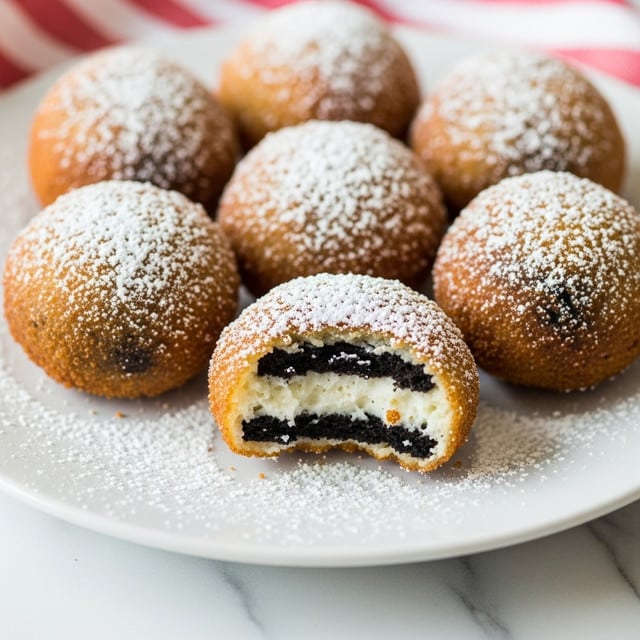 The image shows a white round plate with six small, golden-brown fried treats dusted with white powdered sugar. One treat at the front has a bite taken out of it, revealing three layers: a light golden crispy outer layer, a dark chocolate cookie layer inside, and a creamy white filling in the center. The plate sits on a white marbled textured surface with a red and white cloth partially visible behind it. photo taken with an iphone --ar 4:5 --v 7