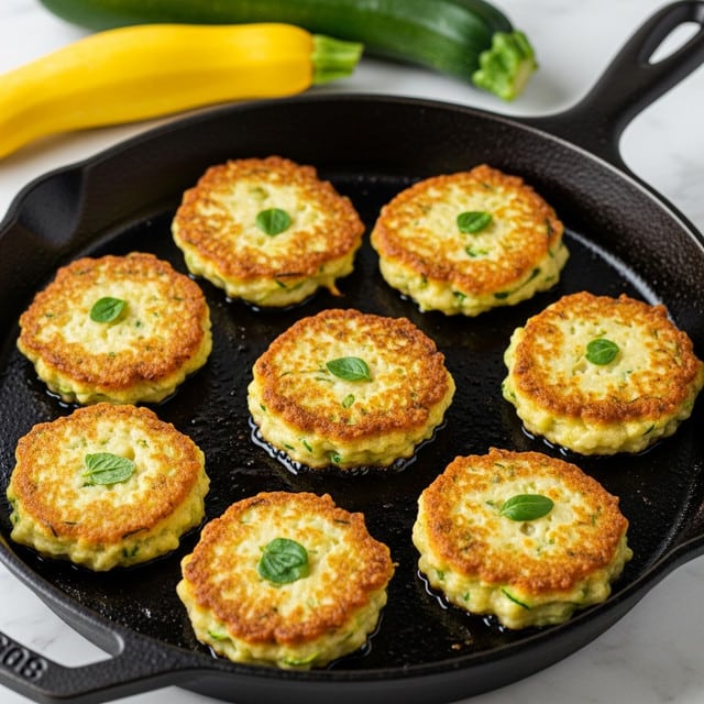 A round black cast iron pan holds seven golden brown fritters cooking evenly on its surface. Each fritter is thick and slightly uneven in shape with visible green flecks of herbs and small bits of zucchini throughout the light yellow batter. The crispy edges are darker brown, while the centers remain softer and lighter in color. Small green herb leaves are scattered on top of some fritters, adding a touch of fresh contrast. The pan's rough texture and slight sheen of cooking oil highlight the fritters' crispness. In the soft background, a yellow squash and green zucchini rest on a white marbled surface. photo taken with an iphone --ar 4:5 --v 7