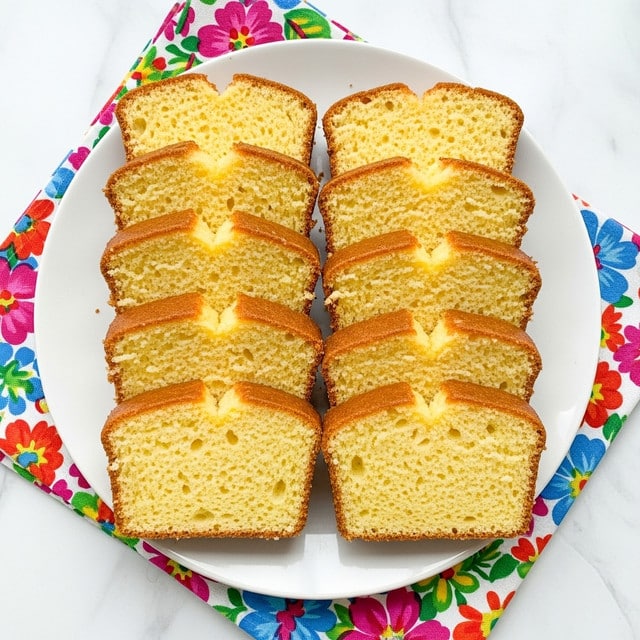The image shows a white plate on a white marbled background with a colorful floral cloth underneath. On the plate, there are ten slices of yellow pound cake arranged in two neat rows. Each slice has a light golden-brown crust on the top and sides, with a soft, spongy, and slightly porous yellow interior. The cake slices are thick, evenly cut, and positioned to show their textures clearly. The overall look is simple and inviting, with the bright colors of the cloth adding contrast to the soft yellows and whites. photo taken with an iphone --ar 4:5 --v 7