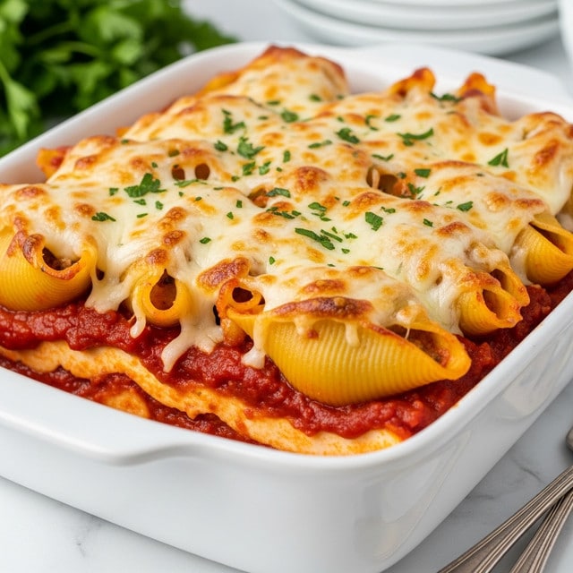 A white baking dish filled with a baked pasta dish showing visible layers. The bottom layer is a red tomato sauce with a smooth, rich texture. Above it is a layer of large pasta shells, orange-yellow in color, holding filling inside. The top layer is melted, bubbly cheese browned in spots, covering the pasta fully and sprinkled with small pieces of green herbs. The dish is placed on a white marbled surface with silver forks and some green herbs blurred in the background. photo taken with an iphone --ar 4:5 --v 7