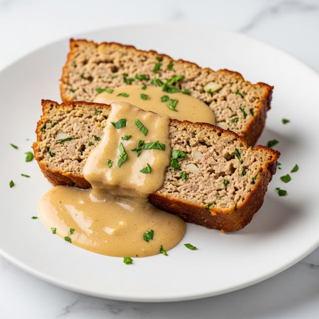The image shows two thick slices of meatloaf placed side by side on a white plate. The outer layer of the meatloaf is browned and slightly crispy, while the inside is a light beige with small green herb pieces visible. A creamy, light brown gravy is generously poured over both slices, pooling slightly on the plate. Small green herb pieces are sprinkled on top and around the meatloaf, adding color contrast. The plate sits on a white marbled surface. Photo taken with an iphone --ar 4:5 --v 7