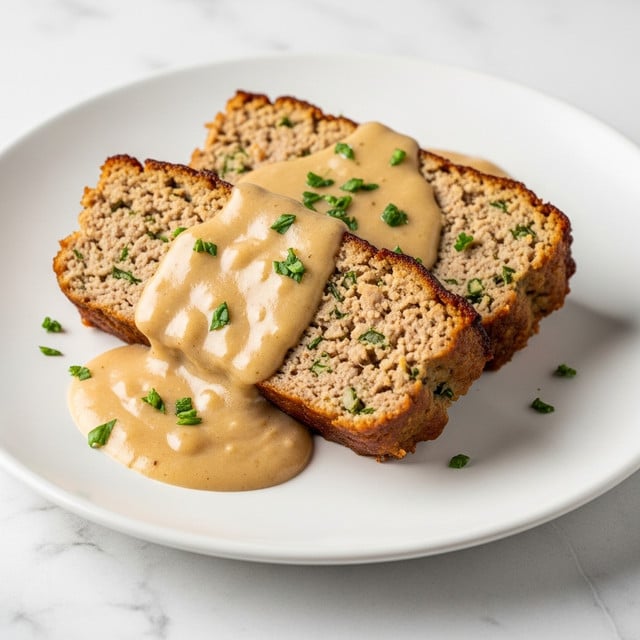 The dish features a close-up view of two thick, juicy meat patties on a white plate, each with a well-browned, crispy outside layer showing a deep golden-brown color with slight charring. One patty is cut open, revealing a tender and crumbly light beige inside mixed with green herbs. Both patties are covered with a creamy light tan sauce that drips down the sides, pooling around the base, and sprinkled with finely chopped fresh green parsley. The plate sits on a white marbled textured surface. photo taken with an iphone --ar 4:5 --v 7