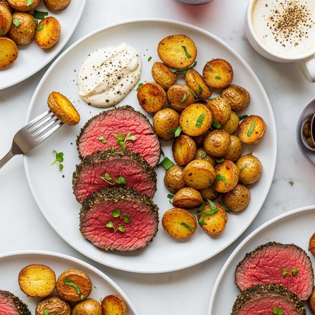 The image shows a white plate with three thick slices of medium-rare roast beef in the center, each slice red in the middle with a browned, herb-coated crust on the outside, garnished with small green herbs. To the right of the meat is a pile of golden brown roasted baby potatoes with crispy edges and some green herb leaves sprinkled on top. At the upper left side of the plate is a dollop of white creamy sauce with black pepper sprinkled over it, next to which rests a fork with one potato speared on it. The plate is set on a white marbled surface, and around it are parts of other similar plates with roast beef and potatoes visible, along with a glass of red wine and a white cup with a drink topped with pepper. Photo taken with an iphone --ar 4:5 --v 7