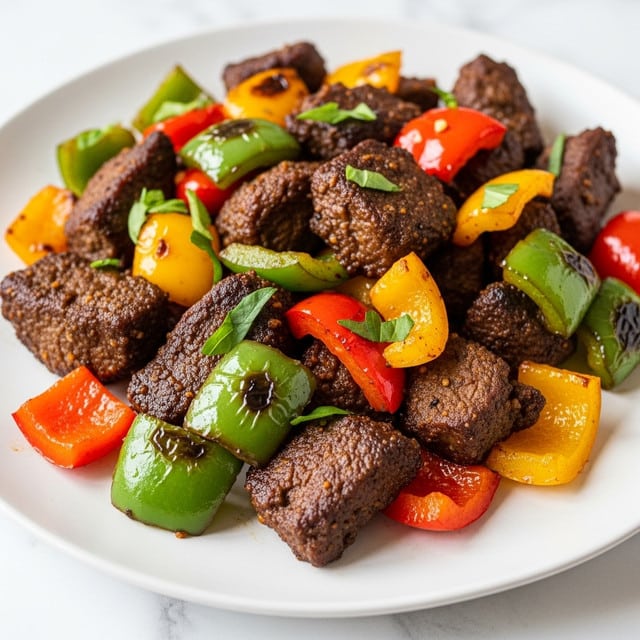 The image shows a close-up of a stir-fry dish served on a white plate with a white marbled background. The dish has roughly two main layers: the first layer is made up of dark brown, well-cooked pieces of meat with a slightly crispy texture. Scattered around and mixed with the meat are vibrant, chunky bell pepper pieces in red, green, yellow, and orange colors, each showing a shiny, cooked surface. The dish is garnished with small pieces of fresh green herbs, adding a touch of freshness. photo taken with an iphone --ar 4:5 --v 7