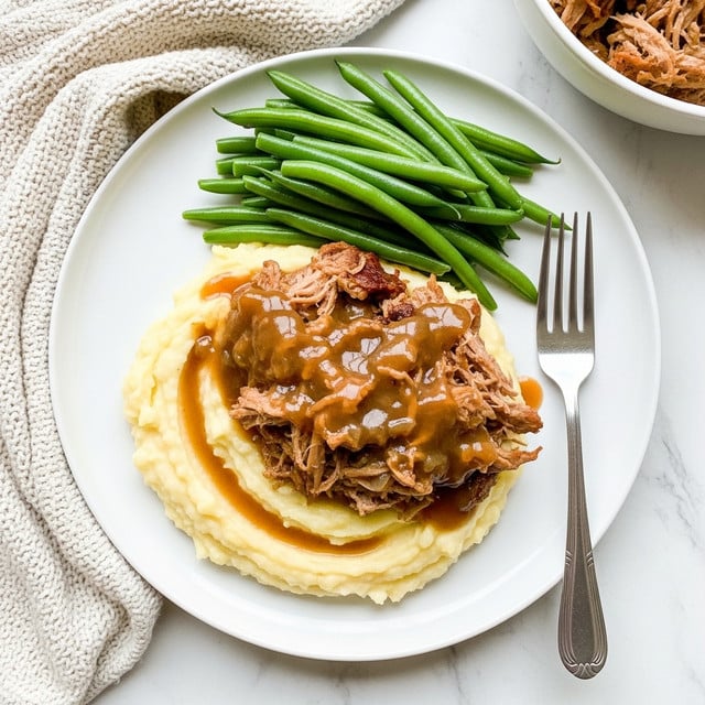 A white round plate holds a meal with three parts: mashed potatoes at the bottom left, smooth and creamy with a pale yellow color; on top of the mashed potatoes is a layer of pulled pork covered with brown gravy, showing some shredded texture and glistening sauce; to the upper right side of the plate, there is a pile of green beans, fresh and bright green, slightly shiny. A silver fork rests to the right edge of the plate, all set on a white marbled surface with a cream knitted cloth to the upper left. In the upper right corner, part of another white bowl filled with more pulled pork is visible. Photo taken with an iphone --ar 4:5 --v 7