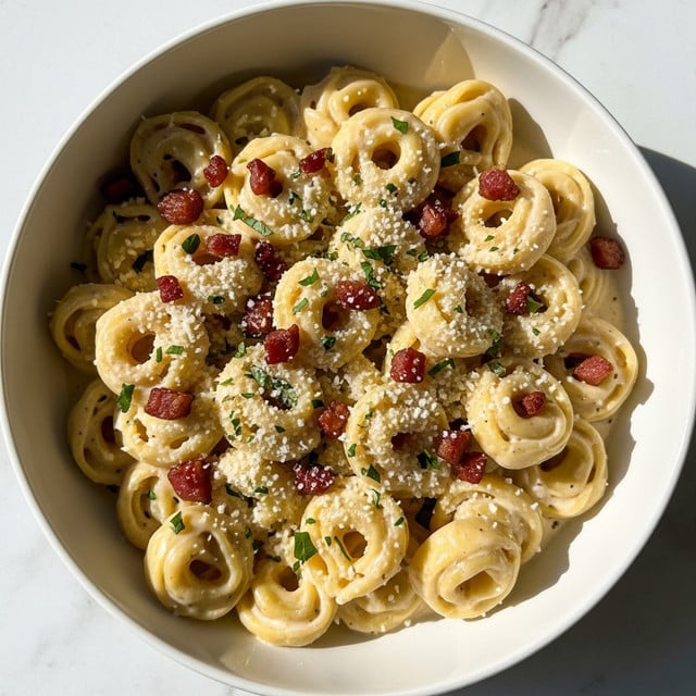 A white bowl filled with creamy tortellini pasta coated in a light beige sauce, topped with small pieces of crispy brown bacon, a sprinkle of grated white cheese, and tiny green herb bits scattered evenly over the dish. The pasta rings are plump and layered closely within the bowl, creating a soft, textured surface with a few visible holes in each tortellini. The bowl rests on a white marbled texture surface, with warm natural light highlighting the glossy sauce and crispy bacon. photo taken with an iphone --ar 4:5 --v 7