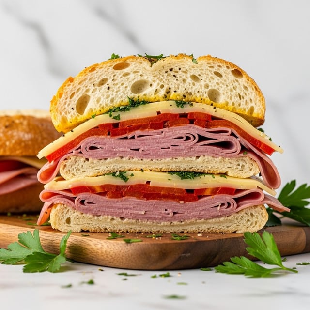 This image shows a thick sandwich cut in half and stacked on a wooden board with some parsley leaves around it, set on a white marbled texture. The sandwich has five visible layers: the top layer is a crusty golden-brown bread slice with a soft, airy inside, sprinkled with herbs and black pepper; below it is a shiny, sliced layer of red bell peppers and melted yellow cheese; next is a layer of folded, thinly sliced pink deli meat, followed by a layer of pale yellow cheese, then another slice of similar deli meat at the bottom, all placed on a bottom piece of crusty white bread. The sandwich looks juicy and fresh, with visible seasonings and chopped green herbs on top. photo taken with an iphone --ar 4:5 --v 7