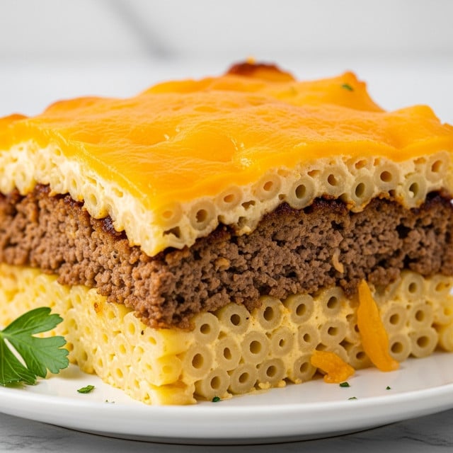A close-up image shows a thick slice of baked macaroni and cheese layered with ground beef. The bottom layer is creamy pale yellow macaroni pasta tubes, with soft texture. Above it is a dense layer of browned ground beef, crumbled finely and tightly packed. The top layer is golden-brown melted cheese with some darker caramelized spots, glossy and slightly bubbled, covering the pasta edges. The slice rests on a smooth white plate on a white marbled surface. Photo taken with an iphone --ar 4:5 --v 7