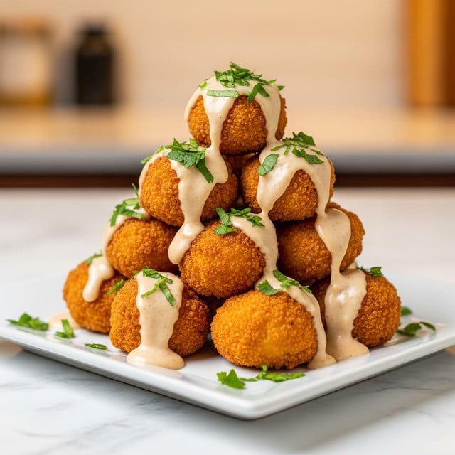 A white square plate holds a heap of golden-brown fried cauliflower bites with a crispy texture, stacked in a pyramid shape in three uneven layers. The cauliflower is richly coated in a creamy, light beige sauce that drips slightly onto the plate. Fresh, finely chopped green herbs are sprinkled generously over the top and the sauce, adding a fresh contrast. The plate sits on a white marbled textured surface with a blurred warm kitchen background. photo taken with an iphone --ar 4:5 --v 7
