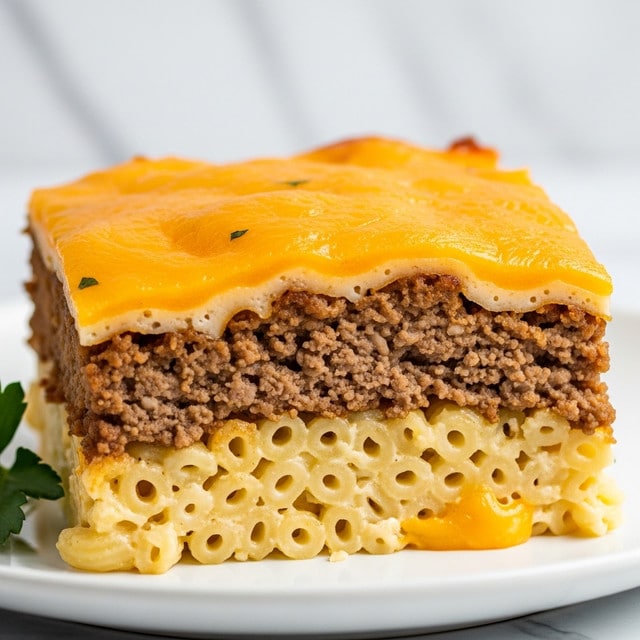 A close-up shot of a square slice of layered macaroni and ground beef casserole on a white plate, showing three distinct layers: the bottom layer is creamy macaroni pasta with a pale yellow color and soft texture, the middle layer is dense, crumbly ground beef cooked to a rich brown, and the top layer is melted cheddar cheese with a bright golden orange color, some parts slightly browned and bubbling. The edges of the casserole have a gooey mix of cheese and pasta dripping slightly, and a few green parsley leaves are visible at the bottom left corner of the plate. The background is a white marbled texture. photo taken with an iphone --ar 4:5 --v 7