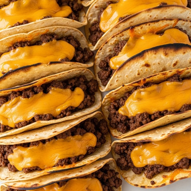 The image shows several folded taco shells filled with cooked ground meat, arranged closely on a white marbled surface. Each taco shell has a golden-brown crispy texture with browned edges. The ground meat inside is dark brown and slightly crumbly. On top of every taco, there is a layer of melted bright orange cheddar cheese that covers the meat but leaves some edges of the taco shells visible. The tacos are overlapping, filling most of the frame, creating a warm and inviting look. photo taken with an iphone --ar 4:5 --v 7