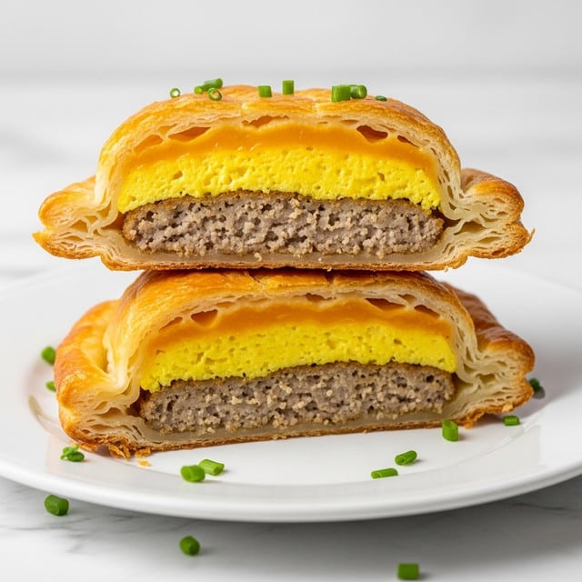 Two golden brown puff pastry pockets are placed on a white plate, one stacked on top of the other. The top pocket is cut open, showing three distinct layers: a light brown, crumbly sausage layer at the bottom, a bright yellow scrambled egg layer in the middle, and a smooth, melted orange cheese layer on top. The puff pastry itself is flaky, with many thin, crisp golden layers visible on the edges and surface. A few small pieces of chopped green chives are scattered around the plate for a touch of color. The setting is on a white marbled surface. photo taken with an iphone --ar 4:5 --v 7